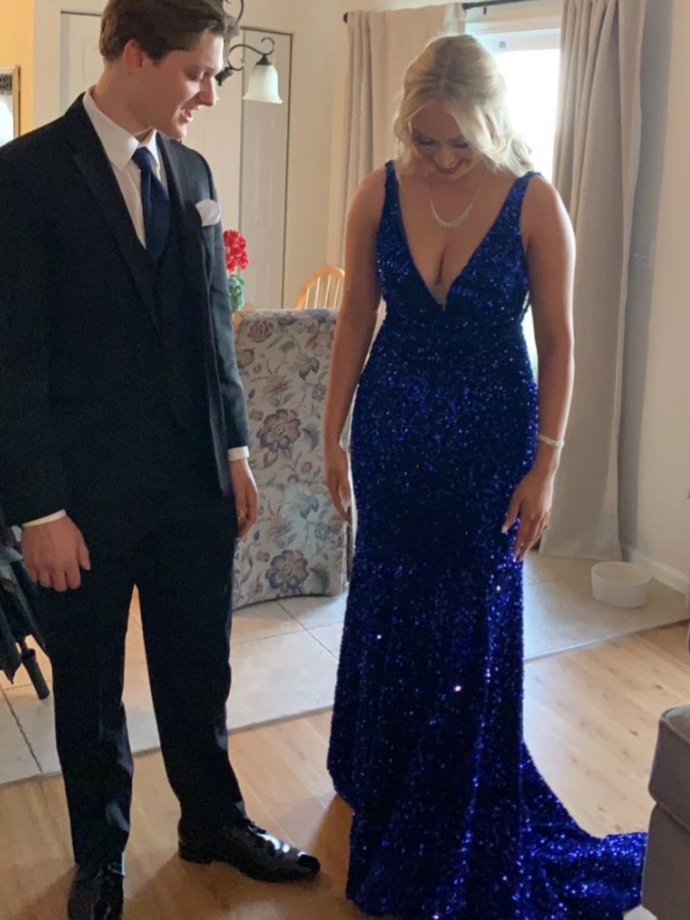 Sherri Hill Royal Blue Sequin Deep V Prom Gown